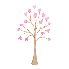 Watercolor Tree With Pink Hearts