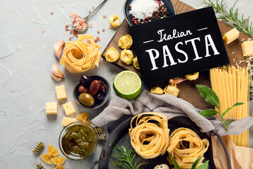 Sticker - Italian pasta assortment on light background.