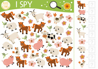 Wall Mural - Farm animals I spy game for kids. Searching and counting activity with goat, horse, sheep, hen, pig, cow. Rural village printable worksheet for preschool children. Simple on the farm spotting puzzle.