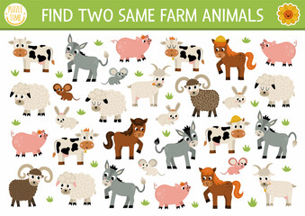  Find two same farm animals. On the farm matching activity for children. Rural village educational quiz worksheet for kids for attention skills. Simple printable game with cute pig, cow, goat, horse.