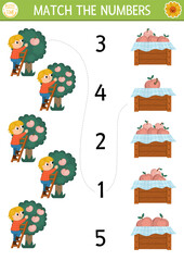 Match the numbers farm game with farmer picking apples. Rural country or garden math activity for preschool kids. On the farm educational counting worksheet with harvest and fruit tree.