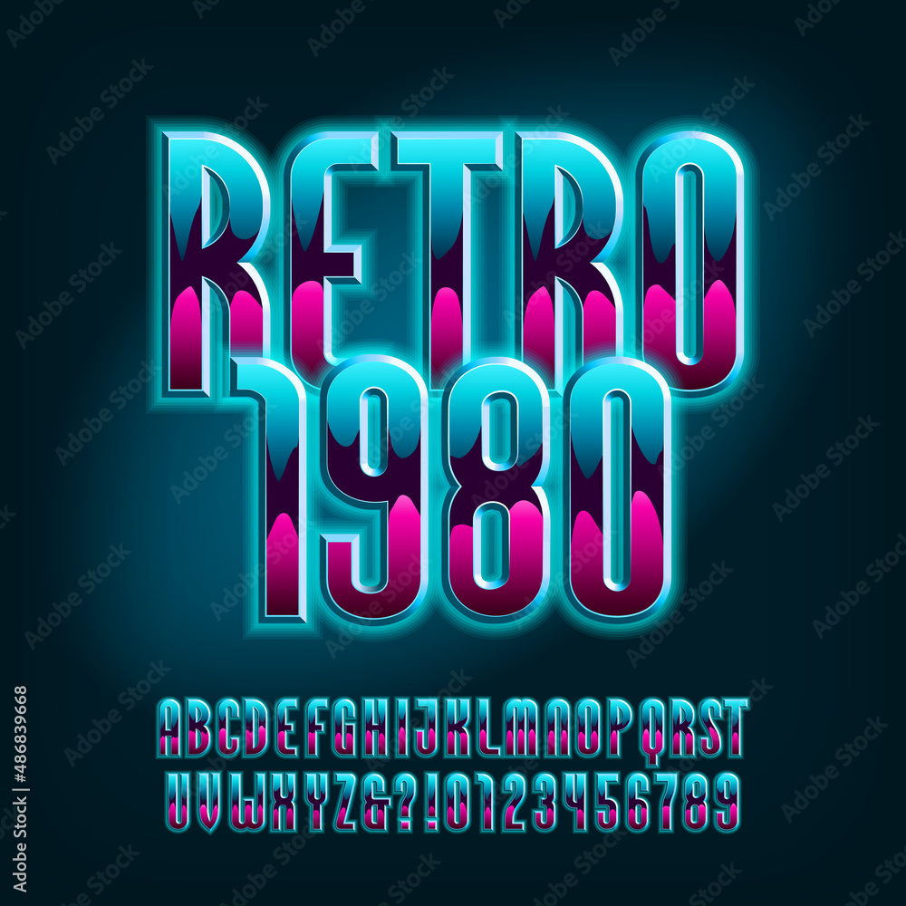 Retro 1980 alphabet font. Glowing letters and numbers. Stock vector ...