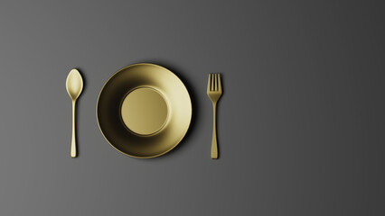 Cutlery Set with Fork, and Spoon on an empty golden plate. Isolated on grey background. Top view, 3D Rendering