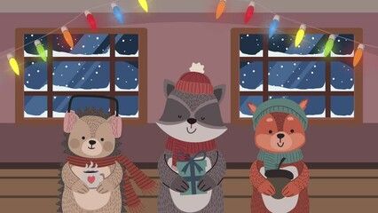 Poster - merry christmas animation with animals in home