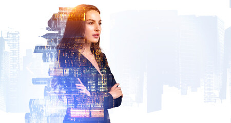 Poster - Office woman in black suit and office skyscrapers, bokeh lights