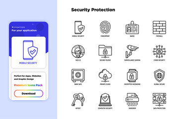 Wall Mural - security and protection thin line icons set: mobile security, fingerprint, badge, firewall, face id,