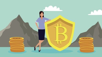 Sticker - elegant businesswoman with bitcoin shield animation