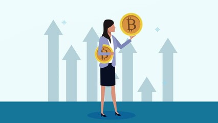 Sticker - elegant businesswoman lifting bitcoins animation