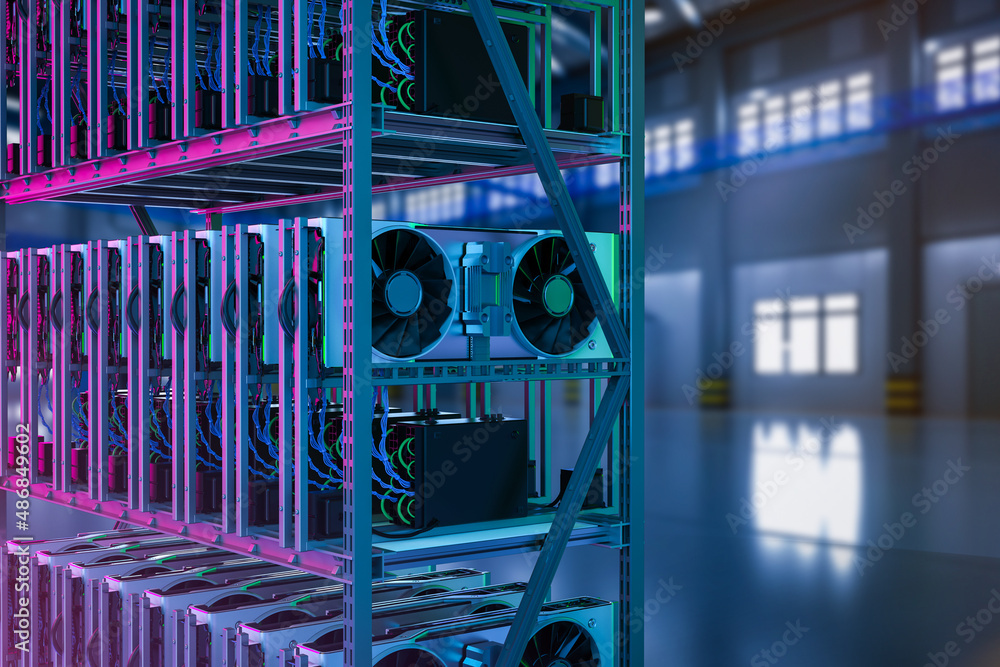 crypto mining farm with graphic card or gpu rack Stock Photo | Adobe Stock