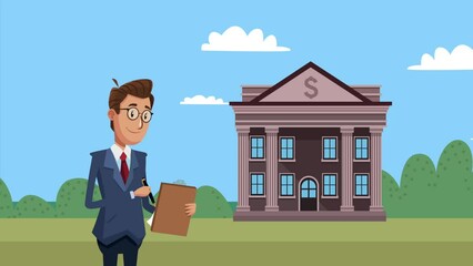 Poster - elegant businessman with bank building