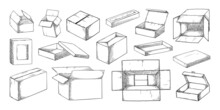 Box Sketch. Hand Drawn Cardboard Cargo Package. Open And Closed Paper Post Mail Parcel. Product Carton Wrappers. Merchandise Recycling Packaging. Vector Isolated Engraving Containers Set