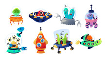 Aliens With Spacecraft. Cartoon Cosmic Invader Creatures Flying On Comic Space Transport. Cosmonauts Driving Spaceships. Childish Monsters On Rockets Discovery Universe. Vector UFO Set