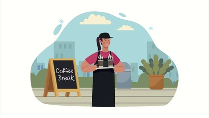 Poster - coffee shop female worker with tray outdoor scene