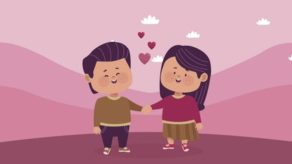 Poster - little lovers couple with flowers bouquet animation