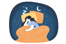 Lucid Dreaming Of Sleeping Woman At Night. Astral Travel Of Girl Lying On Pillow Under Blanket And Experience Of REM Stage Of Sleep Flat Vector Illustration. Wakefulness, Dream Control Concept
