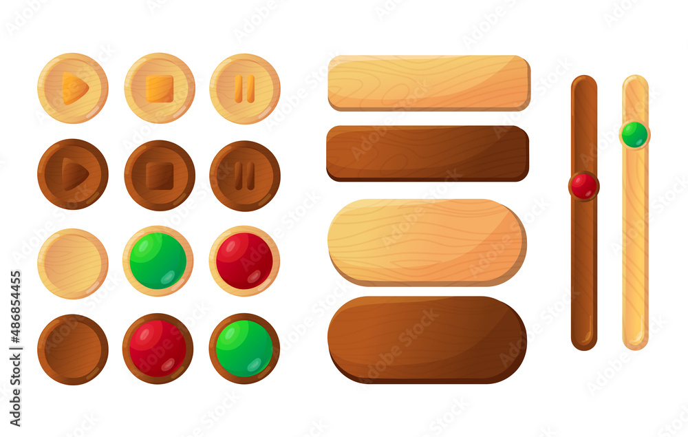 Wooden buttons for users game interface cartoon illustration set ...