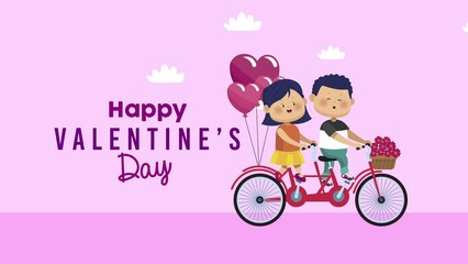 Wall Mural - happy valentines day lettering with little lovers in bicycle