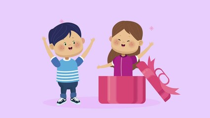 Poster - little lovers couple in gift characters animation