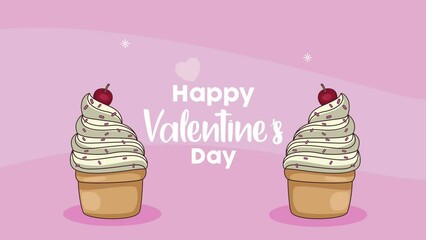 Wall Mural - happy valentines day lettering with cupcakes animation