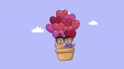 Poster - afro little lovers couple in balloon air hot animation