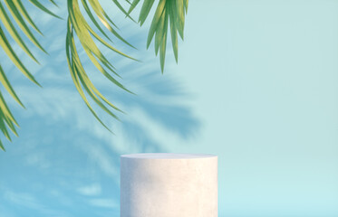 Fototapete - Natural beauty podium backdrop for cosmetic product display with tropical palm leaves. 3d rendering.