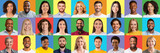Fototapeta  - Collage of multiethnic joyful people smiling on color studio backgrounds, panorama. International human society concept