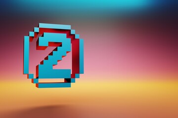 Poster - Pixel number 2. Beautiful Blue Two icons symbol on multicolor bright background. 3d rendering illustration. Background pattern for design.