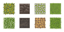 Vector Set. Ground Texture With Grass, Stones, Cracks, Flowers. Top View. Squares.