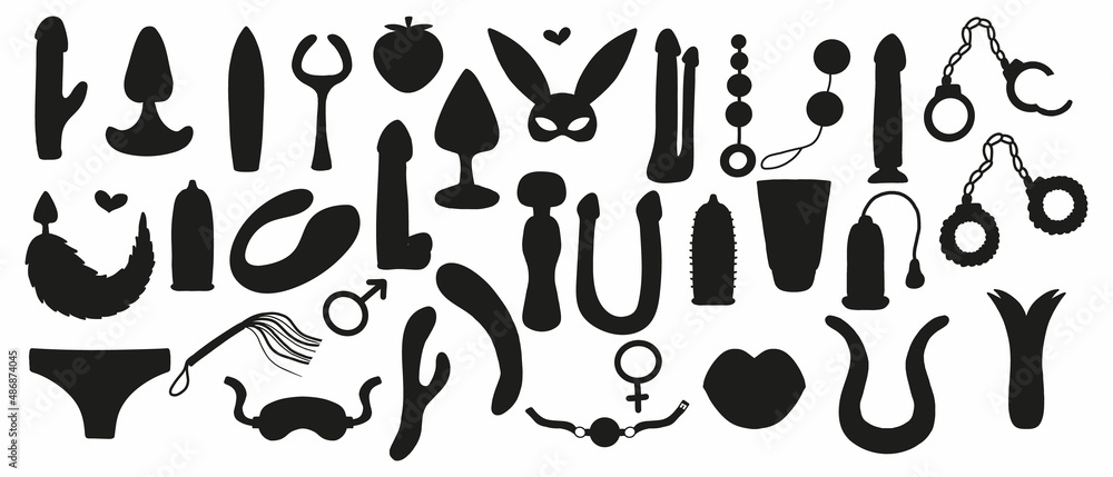 Set of silhouettes of sex toys. Set of adult toys. Vector illustration.  Stock Vector