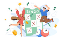 Flat Happy People Near Bingo Card With Lucky Ball Numbers. Young Excited Characters With Winning Ticket Of Keno Gambling Game. Joyful Lottery Winners Of Lotto Jackpot, Casino Gamble Leisure.