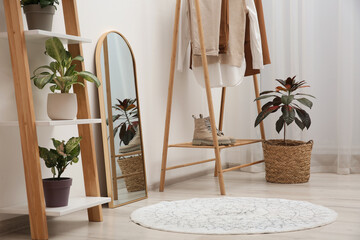 Wall Mural - Dressing room interior with wooden furniture, mirror and houseplants near white wall. Stylish accessories