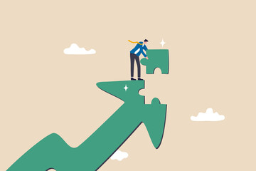 Wall Mural - Growth strategy, solving problem to success in work, solution or growing business concept, smart businessman put last piece of jigsaw puzzle to complete rising up arrow metaphor of growth.