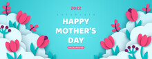 Horizontal Banner With Sky, Flowers And Paper Cut Clouds. Place For Text. Happy Mother's Day Sale Header Or Voucher Template With Tulips. Vector Illustration, Spring Border Frame, Promo Card.
