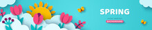 Spring Sale Header Or Voucher Template, Tulips And Paper Cut Clouds. Horizontal Banner With Blue Sky, Sun, Flowers. Place For Text. Happy Women's Day, 8 March Or Mother's Day Border Frame, Promo Card