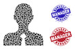 Round MANAGER dirty stamp prints with tag inside round forms, and shard mosaic official person icon. Blue and red stamp seals includes MANAGER tag. Official person collage icon of fraction particles.