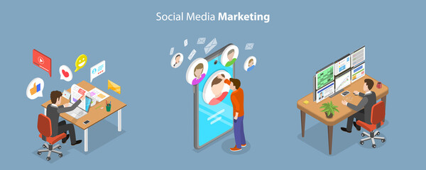 3D Isometric Flat Vector Conceptual Illustration of Social Media Marketing, SMM Digital Campaign