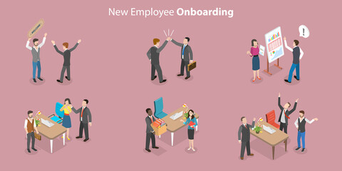 3D Isometric Flat Vector Conceptual Illustration of Employee Onboarding, Getting Experience in New Work Team