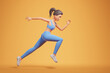 Strong beautiful woman in blue sportswear fast run over yellow background.
