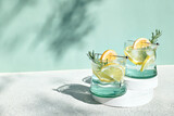 Summer refreshing lemonade drink or alcoholic cocktail with ice, rosemary and lemon slices on pastel light green surface. Fresh healthy cold lemon beverage. Water with lemon.
