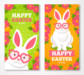 Wall Mural - Happy Easter Vertical Banners Set With Flat Cute White Rabbit in Pink Sunglasses.. Vector Illustration. Spring Floral Concept. Easter Egg Hunt Flyer Template. Easter Party Invitation. Place for text