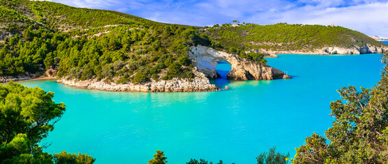 Canvas Print - Italian holidays in Puglia - National park Gargano with beautiful turquoise sea and natural arch near Vieste town. Itay travel and nature landscape