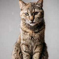 Wall Mural - Portrait of an angry ginger cat on a gray background. The cat is unhappy with something.