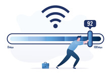 Male User Speeds Up Wireless Internet. Engineer Moves Slider On Measuring Scale. Wi-fi Signal Quality Improvements, Speed Optimization. Tariff Plan With Fast Internet.