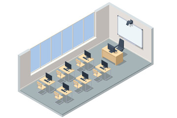 Isometric computer lab. Computer education in classroom. Computer classroom