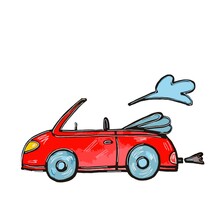 A Cheerful Red, Painted Children's Car! Hand Drawing Of A Car For Children. A Bright Picture For A Book, Cover, Website. The Booklet. The Style Of Pastels And Wax Crayons.