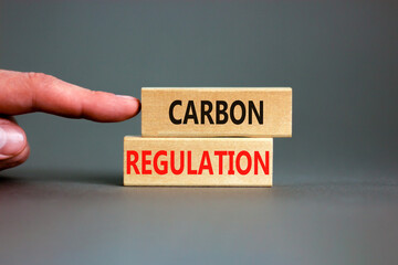 Wall Mural - Carbon regulation symbol. Concept words Carbon regulation on wooden blocks on a beautiful grey table grey background. Businessman hand. Business and carbon regulation concept, copy space.