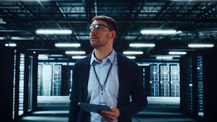 Fototapete - Successful Data Center IT Specialist Using Tablet Computer. Server Farm Cloud Computing Facility with System Administrator Working. Data Protection Engineering Network for Cyber Security.