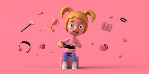 Poster - Girl gamer playing video game console with headset, chests, prizes and other items floating. Copy space. 3D illustration. Cartoon.