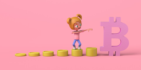 Wall Mural - Girl next to coins and bitcoin symbol. Copy space. 3D illustration. Cartoon.