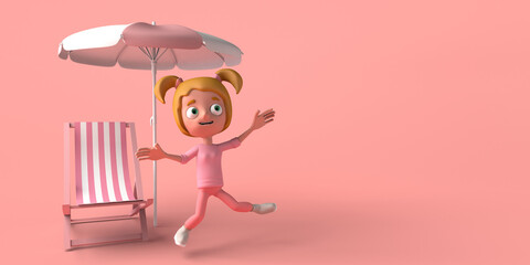 Wall Mural - Girl jumping next to beach chair and umbrella. Vacation concept. Copy space. 3D illustration. Cartoon.